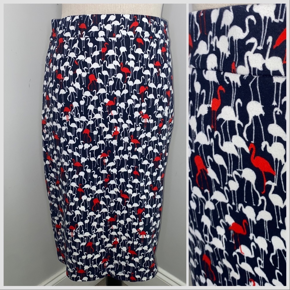 Cremieux navy blue & red flamingo print knit knee length pencil skirt size Small
